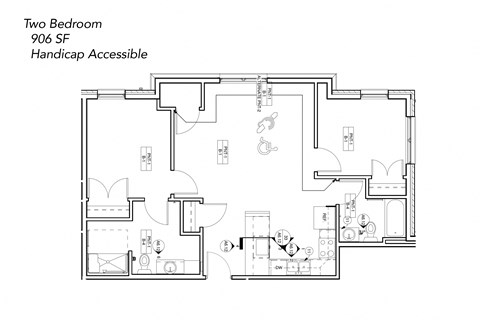 Floor plan for 2 beds, 1 bath, 906 sqft